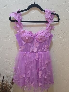 Lilac Butterfly Tulle Mini Dress with Boning and Corset Lace-Ups